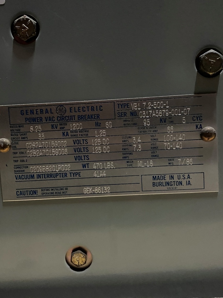 1200 Amp, GENERAL ELECTRIC, VB1 7.2-500-1, 8.25 KV, 125 VDC CLOSE & TRIP