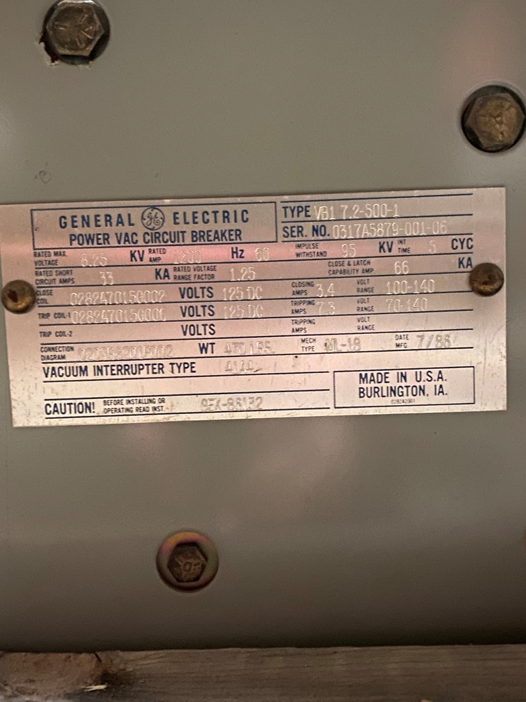 1200 Amp, GENERAL ELECTRIC, VB1 7.2-500-1, 8.25 KV, 125 VDC CLOSE & TRIP