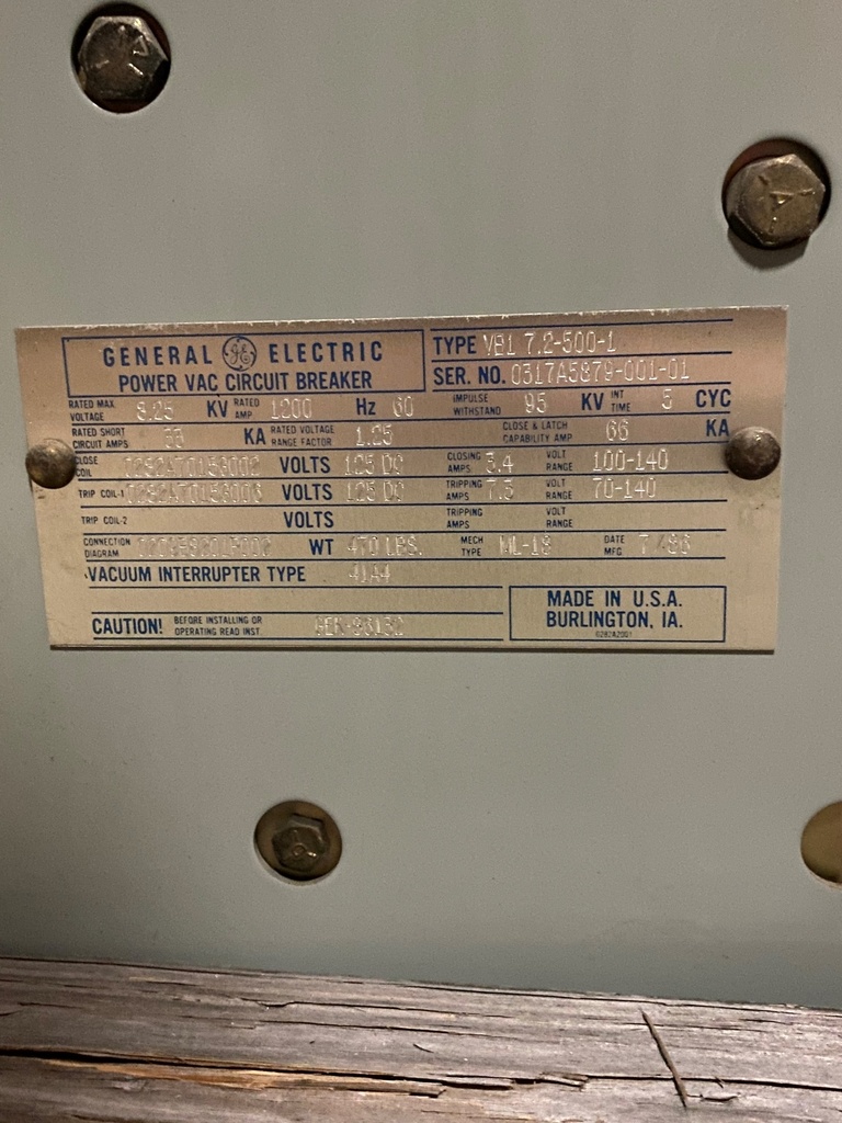 1200 Amp, GENERAL ELECTRIC, VB1 7.2-500-1, 8.25 KV, 125 VDC CLOSE & TRIP