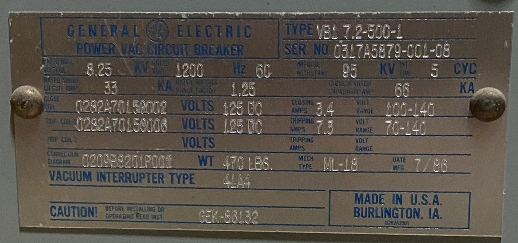1200 Amp, GENERAL ELECTRIC, VB1 7.2-500-1, 8.25 KV, 125 VDC CLOSE & TRIP