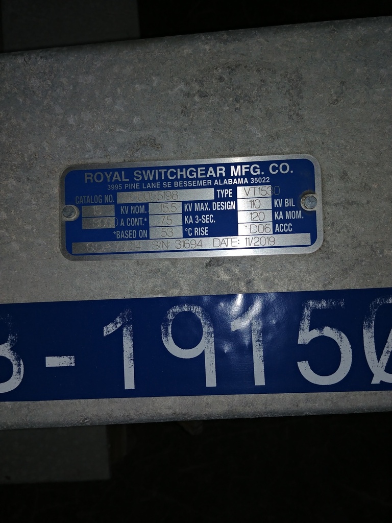 3000 Amp, ROYAL, No. VT1350, 15000 V, 2019, VERTICAL MOUNT/HORIZONTAL BREAK