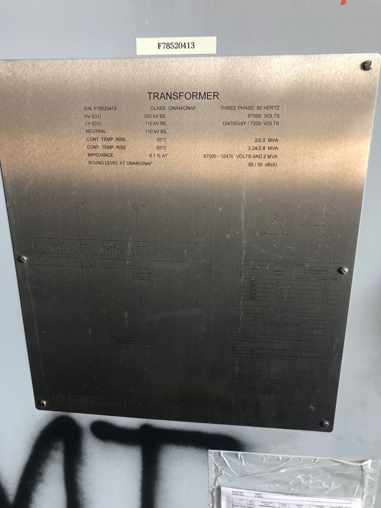 2000/2800 KVA, Pri 67000 D, Sec 12470Y/7200, DELTA STAR, COPPER