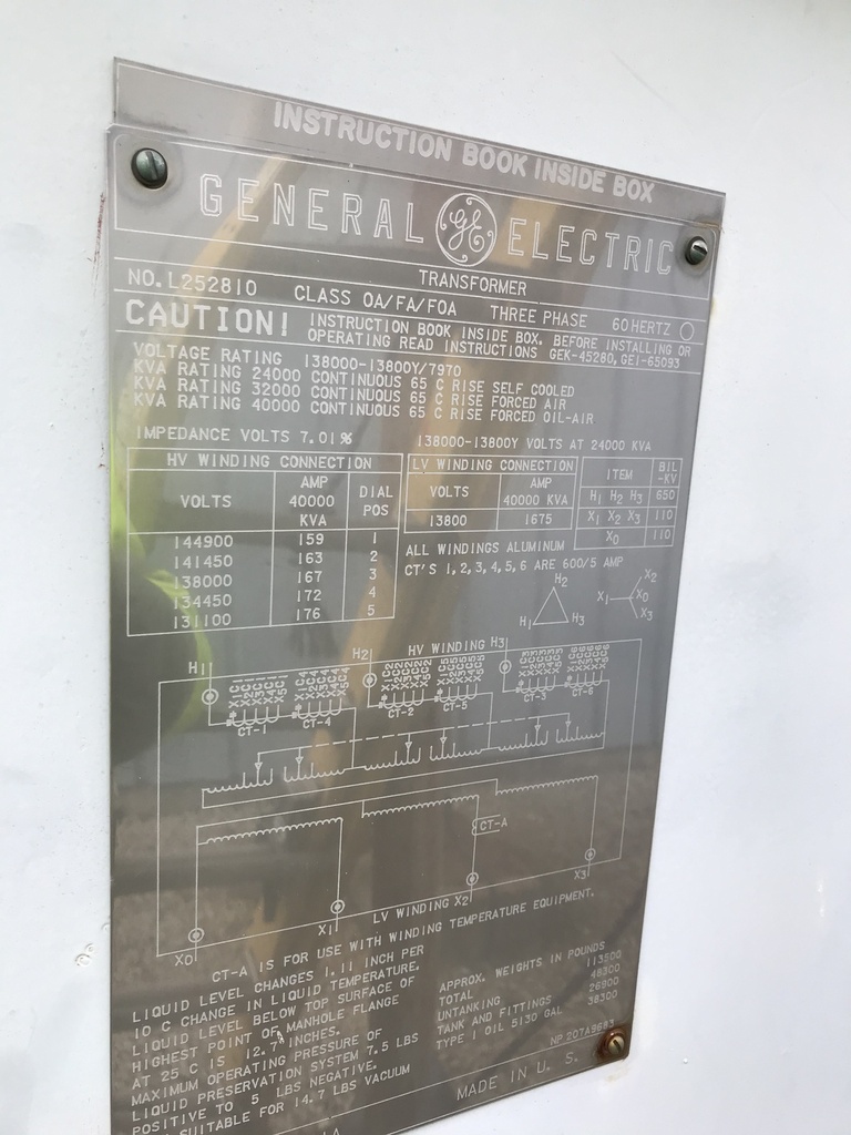 24/32/40 MVA, Pri 138000 D, Sec 13800Y/7970, General Electric Transformer