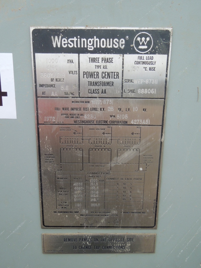 1000 KVA, Pri 4160 D, Sec 380Y/219, WESTINGHOUSE, INDOOR:1