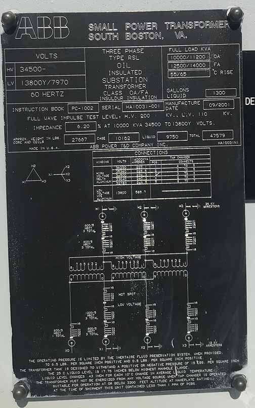 10000/14000 KVA, Pri 34500 D, Sec 13800Y/7970, ABB, ALUMINUM