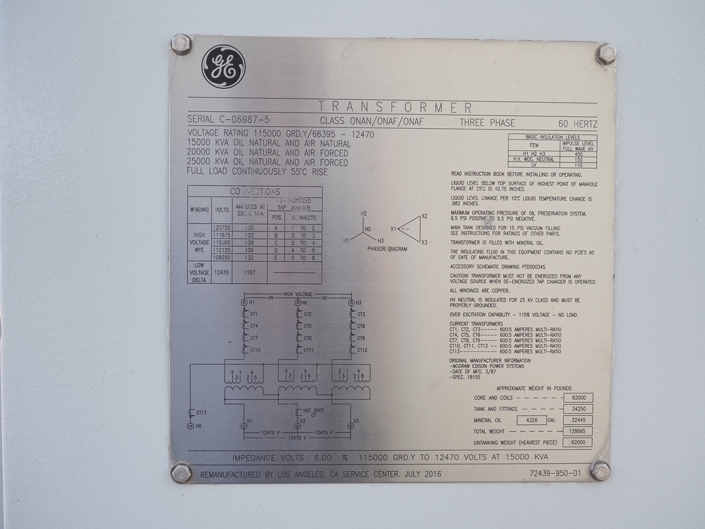 15000/25000 KVA, Pri 115000Y/66395, Sec 12470 D, 2016, GENERAL ELECTRIC