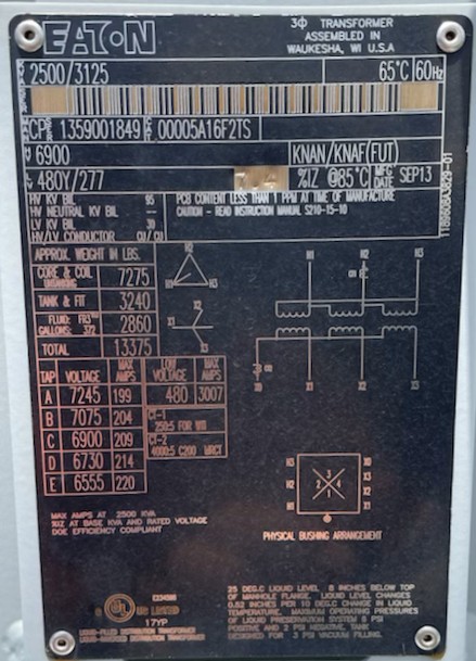 2500/3125 KVA, Pri 6900 D, Sec 480Y/277, EATON, FR3, 2013, COPPER:1