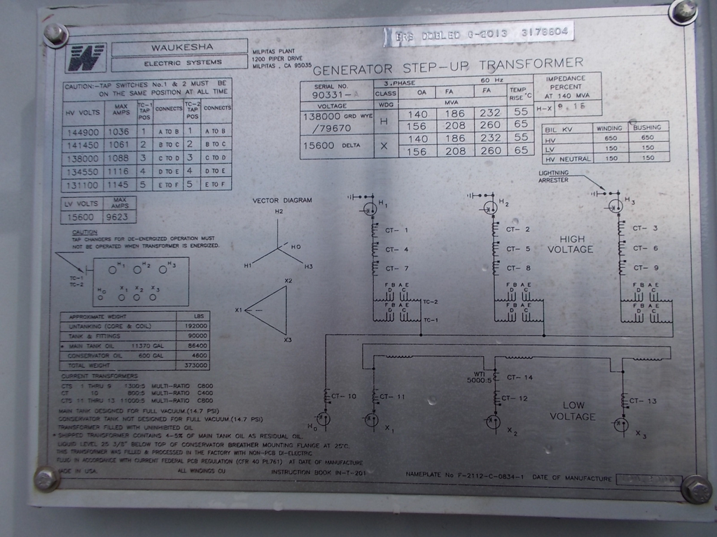 140000/260000 KVA, Pri 138000Y/79670, Sec 15600 D, WAUKESHA, GSU:1