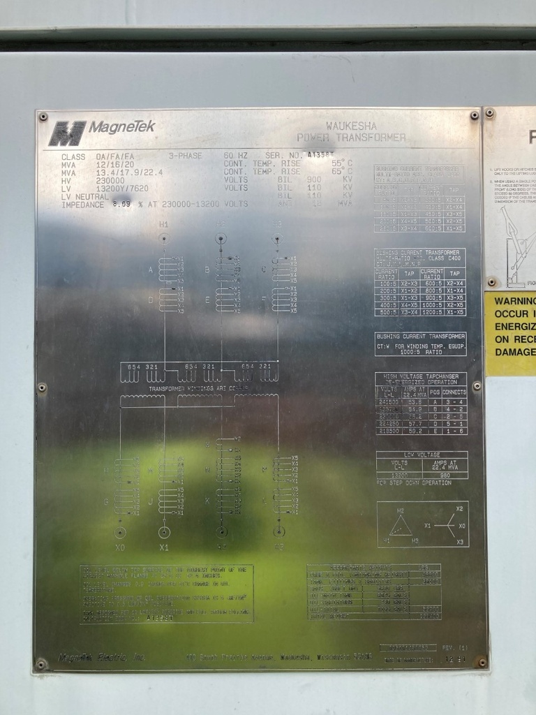 12000/20000 KVA, Pri 230000 D, Sec 13200Y/7620, 1991, WAUKESHA MAGNETEK:1