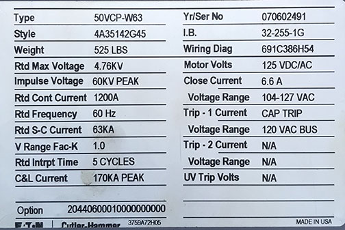 1200 Amp, EATON, 50VCP-W63, 4760 V., 2007, 120 VAC CLSE & TRIP, 125 VDC/AC MOTOR