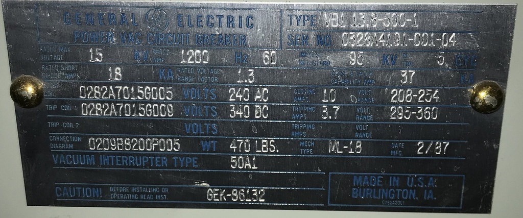 1200 Amp, GE, VB1-13.8-500-1, 15 KV, E/O, D/O, 240 AC CLOSE, 340 DC TRIP, ML-18