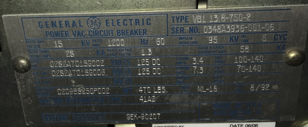 1200 Amp, GE, VB1-13.8-750-2, 15 KV, E/O, D/O, 125 AC CLOSE, 125 DC TRIP, ML-18