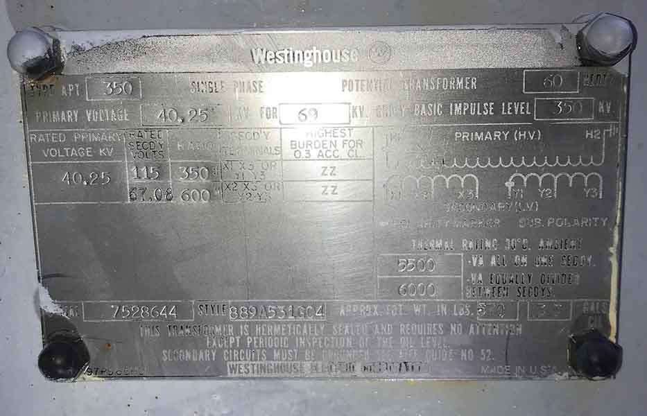 40250 V PRI, Sec. 115/67.08 V, WESTINGHOUSE PT, APT-350, 69 KV:3