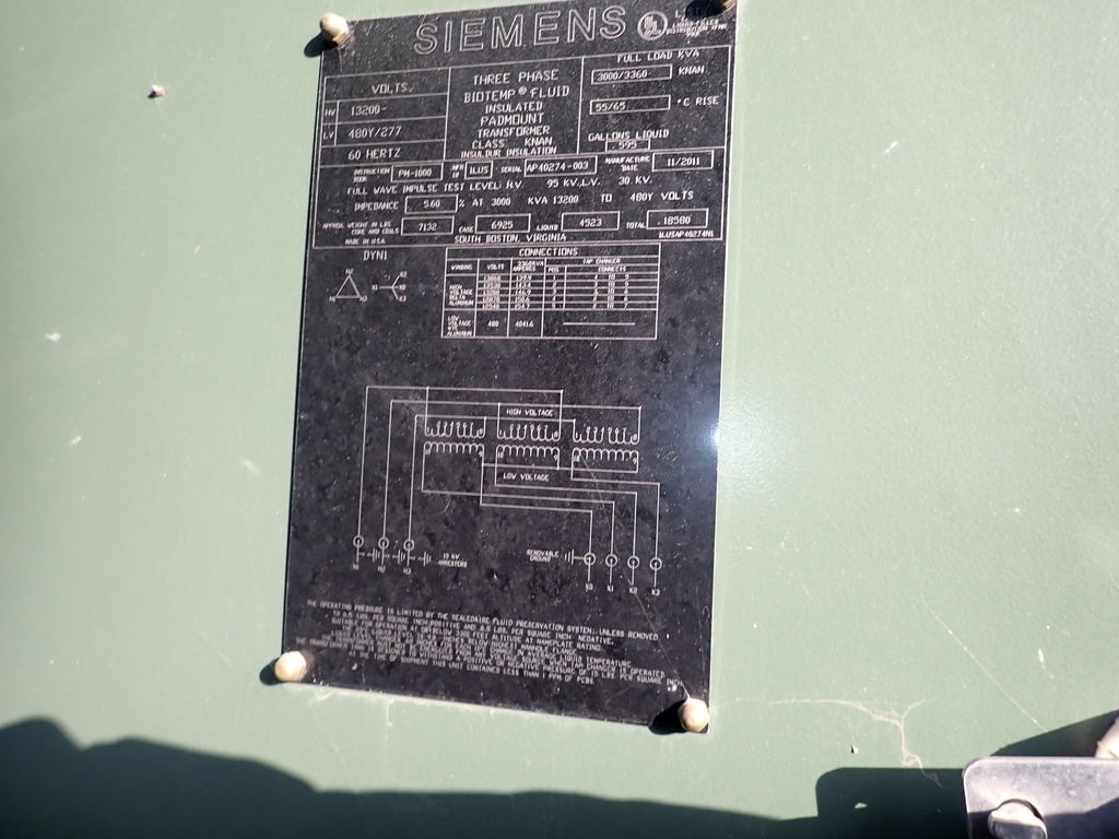 3000/3360 KVA, Pri 13200 D, Sec 480 Y, Siemens, Biotemp, 15kv LA, LF/RF: