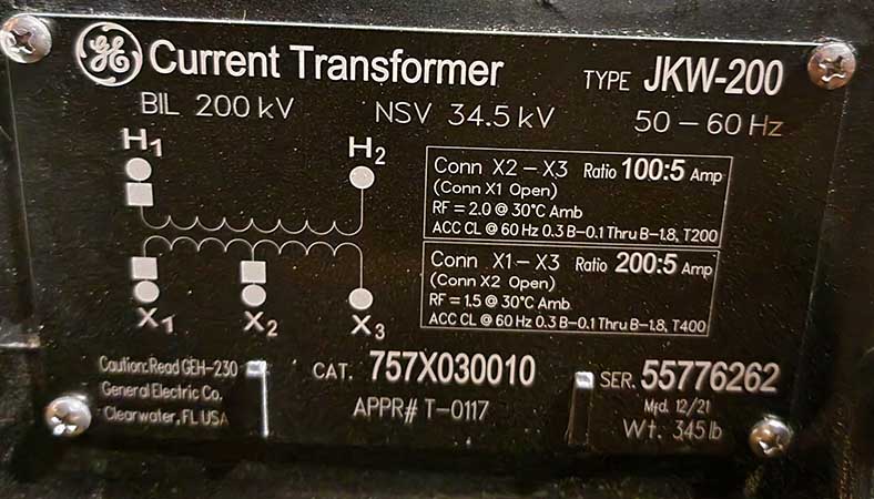 GENERAL ELECTRIC CT, 34500 V, 200/100:5, TYPE JKW-200, 757X030010