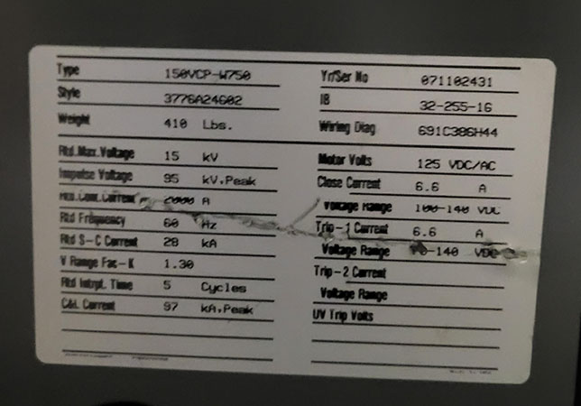 1200 Amp, CUTLER HAMMER, 150 VCP-W 750, 15 KV, UL LISTED