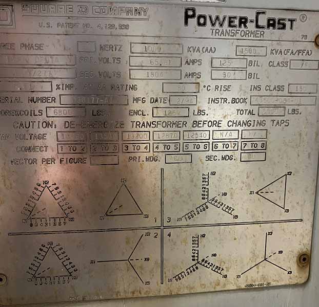 1000/1500 KVA, Pri 13200 D, Sec 480Y/277, SQUARE D POWER-CAST