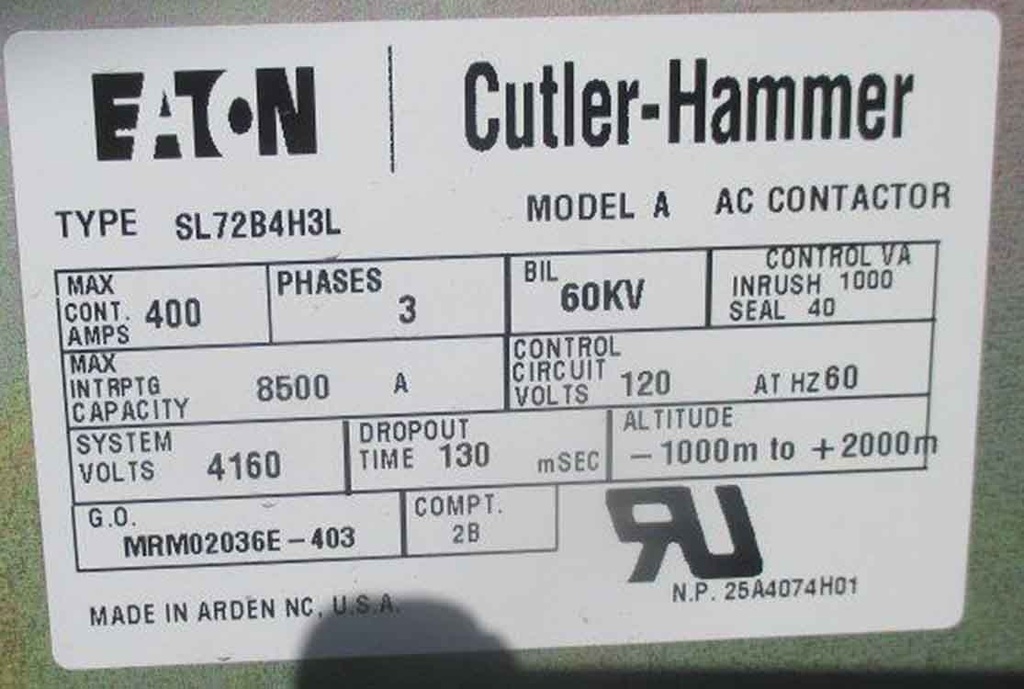 600 HP, 400 AMP, EATON/CUTLER-HAMMER, 2000KVA CONTACTOR