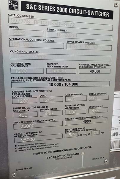 1200 Amp, S&C, 115000 V, SERIES 2000 CIRCUIT SWITCHER CONTROLLER