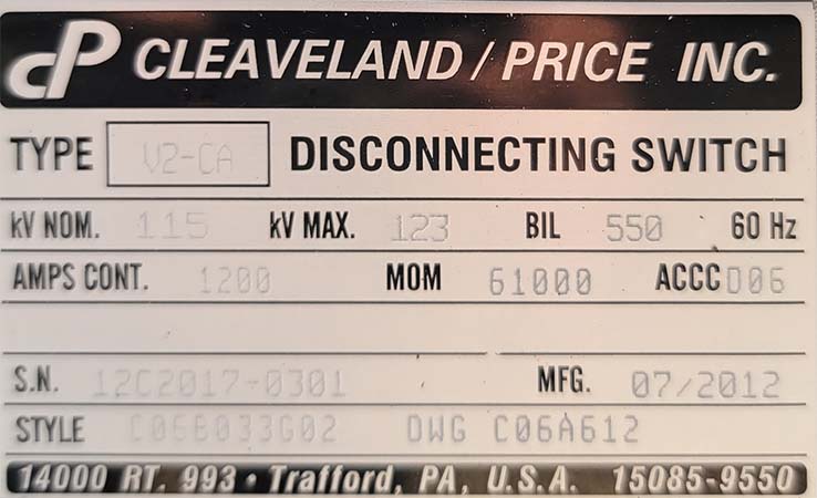 1200 Amp, CLEAVELAND/PRICE, 123000 V, MANUALLY OPERATED GOAB