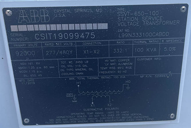 161 KVA, 92000 V, Sec. 277/480 V, ABB SUBSTATION VOLTAGE TRANSFORMERS