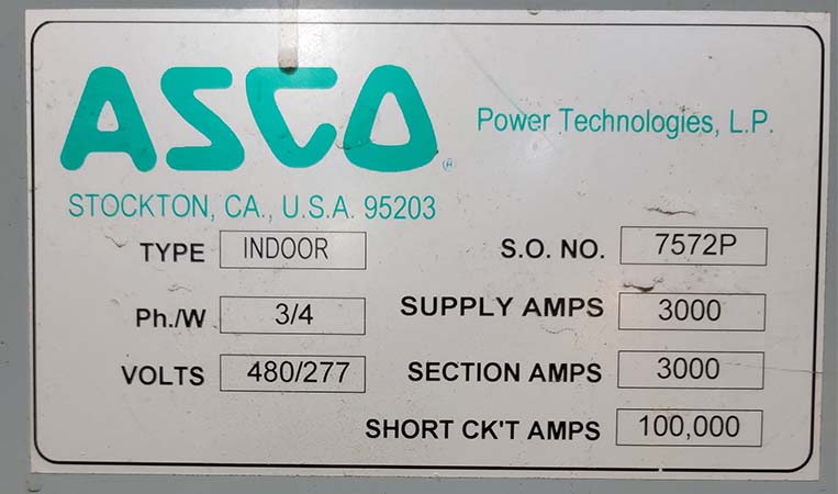 3200 Amp, ASCO, 480 V., PARALLELING SWITCHGEAR CIRCUIT BREAKER
