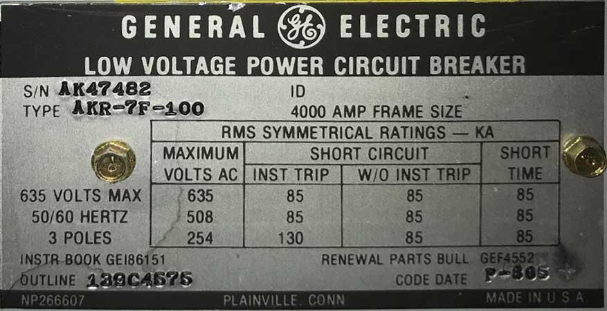 4000 Amp, GE, AKR-7F-100, 480 V., AIR CIRCUIT BREAKER
