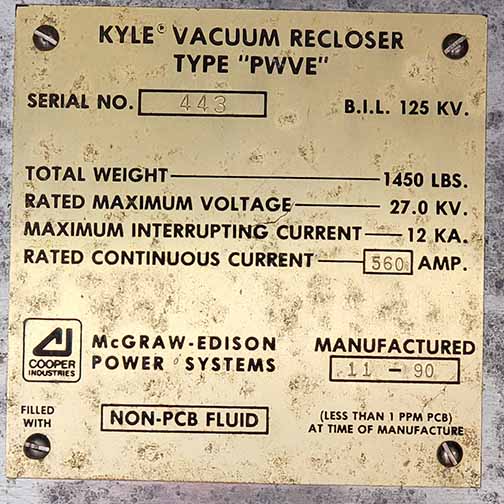 560 Amp, KYLE, PWVE, 27000 V., KYLE AUTO VACUUM RECLOSER, OUTDOOR