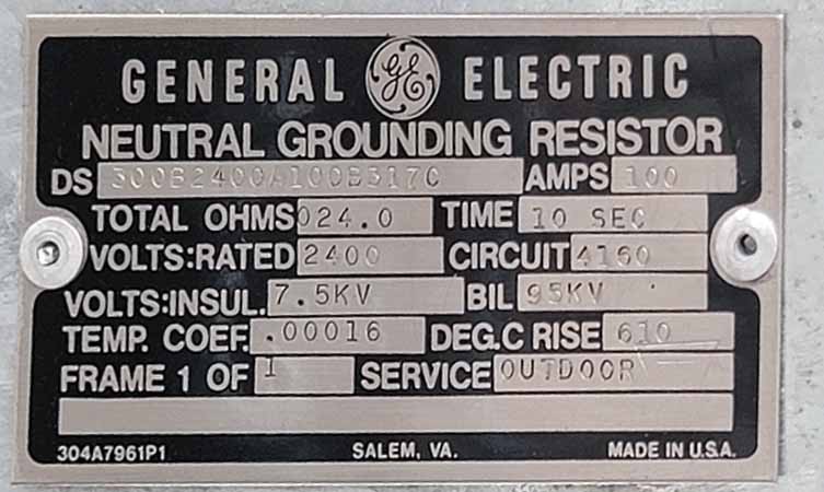 100 AMP, GENERAL ELECTRIC NEUTRAL GROUNDING RESISTOR