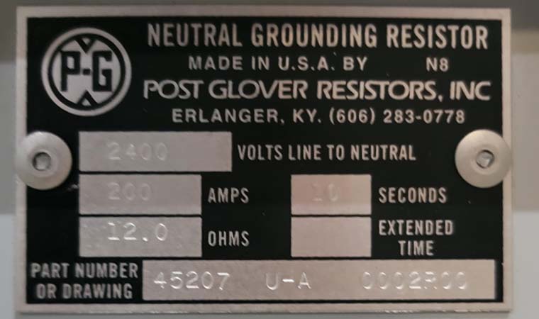 200 AMPS, POST GLOVER NEUTRAL GROUNDING RESISTOR