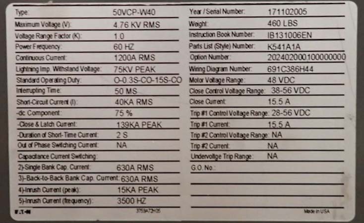 1200 Amp, EATON, 50VCP-W40, 4760 V., CIRCUIT BREAKER DRAWER, NEW