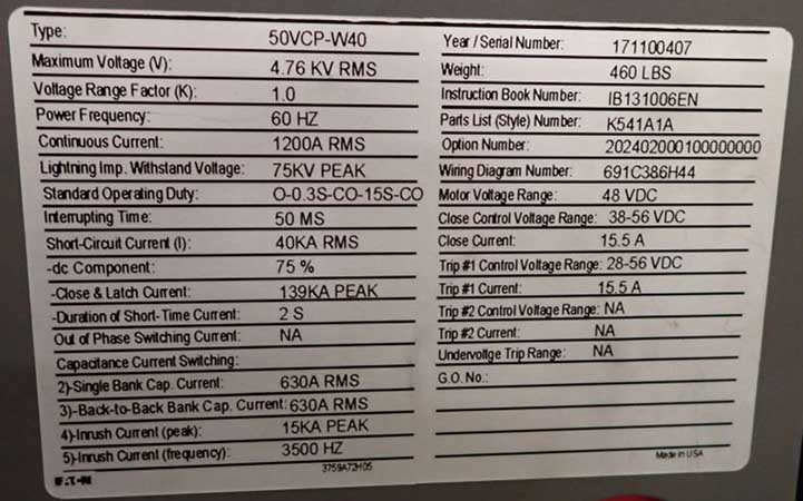 1200 Amp, EATON, 50VCP-W40, 4760 V., CIRCUIT BREAKER DRAWER, NEW