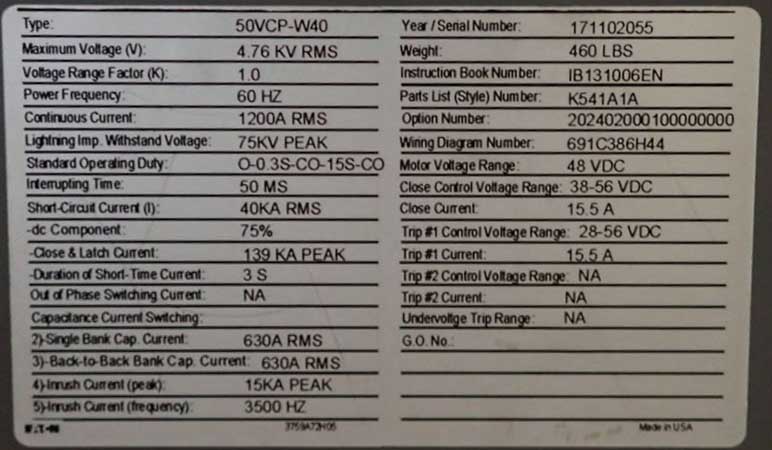 1200 Amp, EATON, 50VCP-W40, 4760 V., CIRCUIT BREAKER DRAWER, NEW