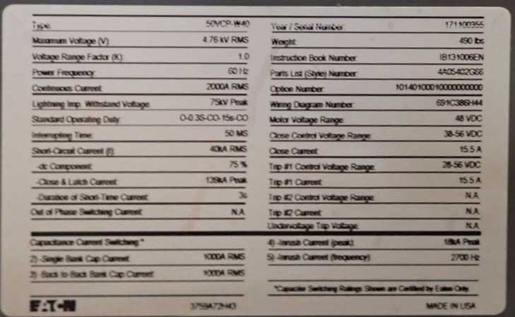 2000 Amp, EATON, 50VCP-W40, 4760 V., CIRCUIT BREAKER DRAWER, NEW
