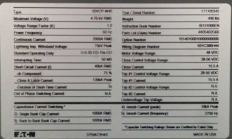 2000 Amp, EATON, 50VCP-W40, 4760 V., CIRCUIT BREAKER DRAWER, NEW