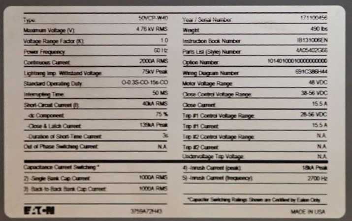 2000 Amp, EATON, 50VCP-W40, 4760 V., CIRCUIT BREAKER DRAWER, NEW