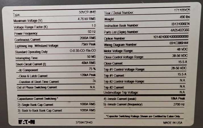 2000 Amp, EATON, 50VCP-W40, 4760 V., CIRCUIT BREAKER DRAWER, NEW