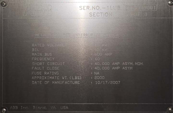 600 Amp, ABB, 15 KV, OUTDOOR INTERRUPTER SWITCH CABINET
