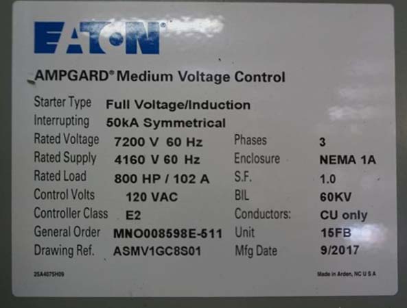 400 HP EATON AMPGARD SL72 7200V INDOOR STARTER- FULL VOLTAGE/INDUCTION