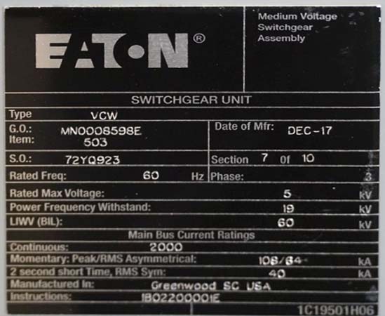 2000 Amp, EATON, VCW CPT, 5 KV, CIRCUIT BREAKER CABINET