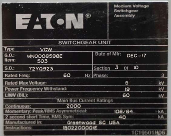 2000 Amp, EATON, VCW, 5 KV, CIRCUIT BREAKER CABINET-UNUSED