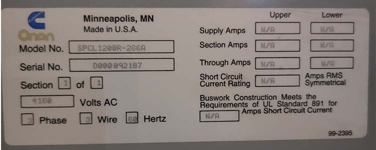 1200 Amp, SPCL1200R-266R, 4160 V.,OUTDOOR CIRCUIT BREAKER CABINET