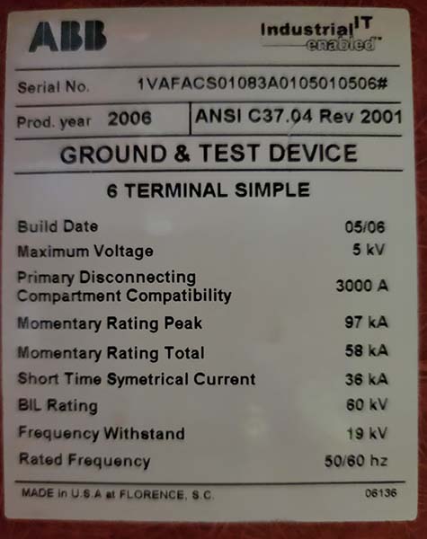 3000 Amp, ABB, GROUND & TEST, 5 KV, 2006