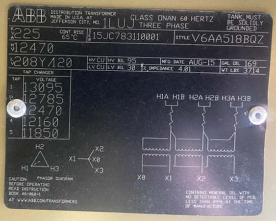 225 KVA, Pri 12470 D, Sec 208Y/120, 2015, DF/LF ABB PADMOUNT TRANSFORMER