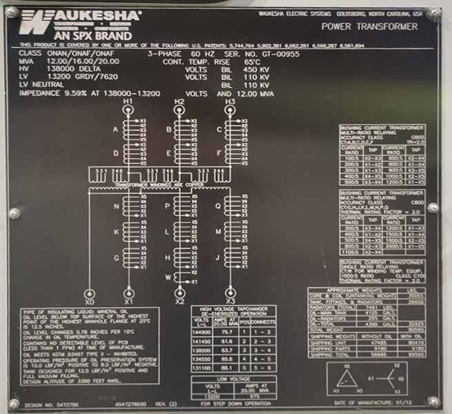 12/16/20 MVA, 138000D-13200Y/7620 UNUSED WAUKESHA SUBSTATION TRANSFORMER