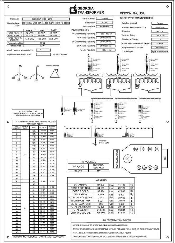 42 MVA, 69000GRDY/39837-34500GRDY/19919-13800D, GEORGIA SUBSTATION TRANSFORMER