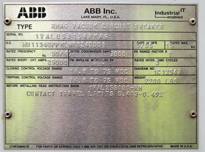 3000 Amp, ABB, No. RMAG, 15000 V., 48 VDC CLOSE & TRIP OUTDOOR BREAKER