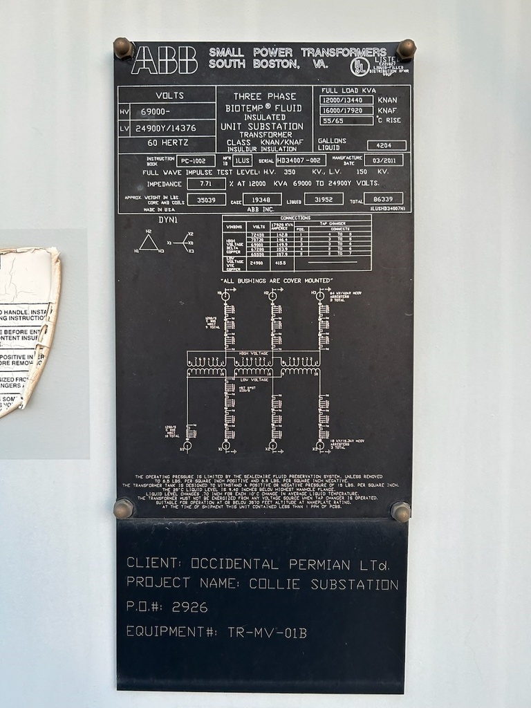 12/13.4/16/17.92 MVA, PRI 6900D, SEC 24900Y/14376 ABB SUBSTATION TRANSFORMER
