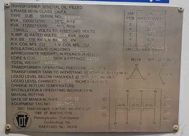 10000 KVA, Pri 13800D, Sec 4160Y, PENNSYLVANIA SUBSTATION TRANSFORMER