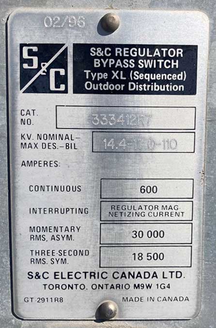 600 Amp, 14400 V, S&C REGULATOR BYPASS SWITCHES